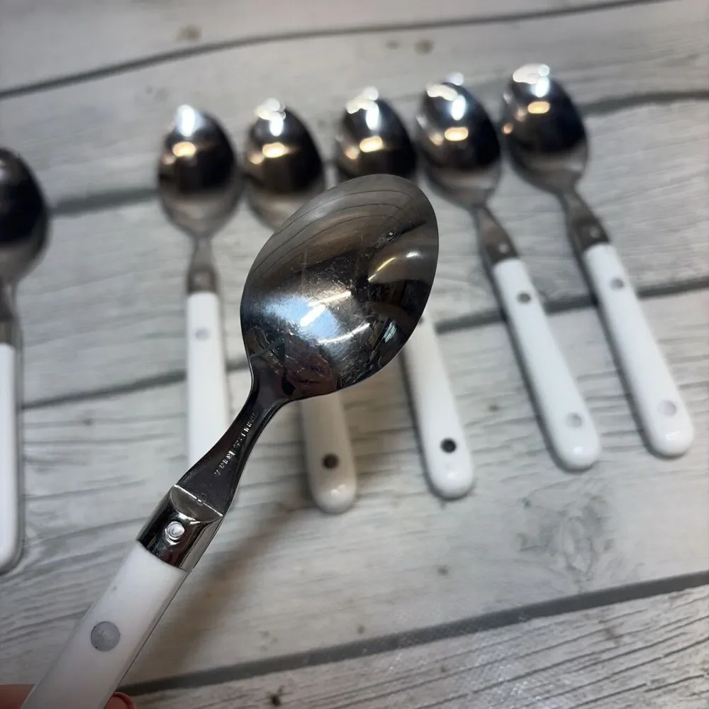 Vintage Flatware 8Teaspoons Stainless Korea White Handle